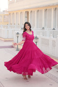Sonakshi Women's Rani Pink Faux Blooming Sequins with Zari Embroidered Long Anarkali Dress | Grocsy