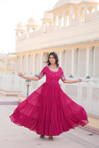 Sonakshi Women's Rani Pink Faux Blooming Sequins with Zari Embroidered Long Anarkali Dress | Grocsy