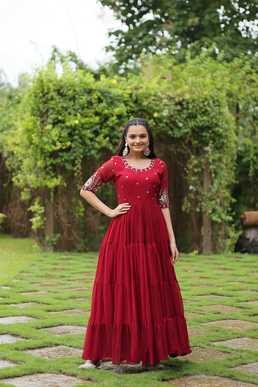 Sonakshi Women's Maroon Faux Blooming Sequins with Zari Embroidered Long Anarkali Dress | Grocsy