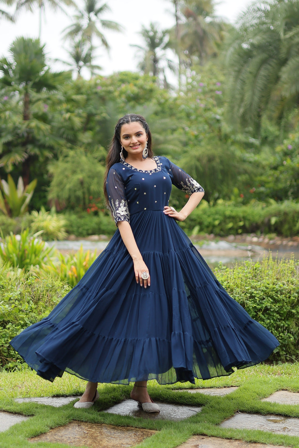 Sonakshi Women's Morpich Faux Blooming Sequins with Zari Embroidered Long Anarkali Dress | Grocsy
