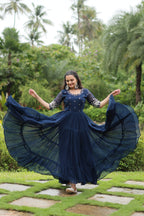 Sonakshi Women's Morpich Faux Blooming Sequins with Zari Embroidered Long Anarkali Dress | Grocsy