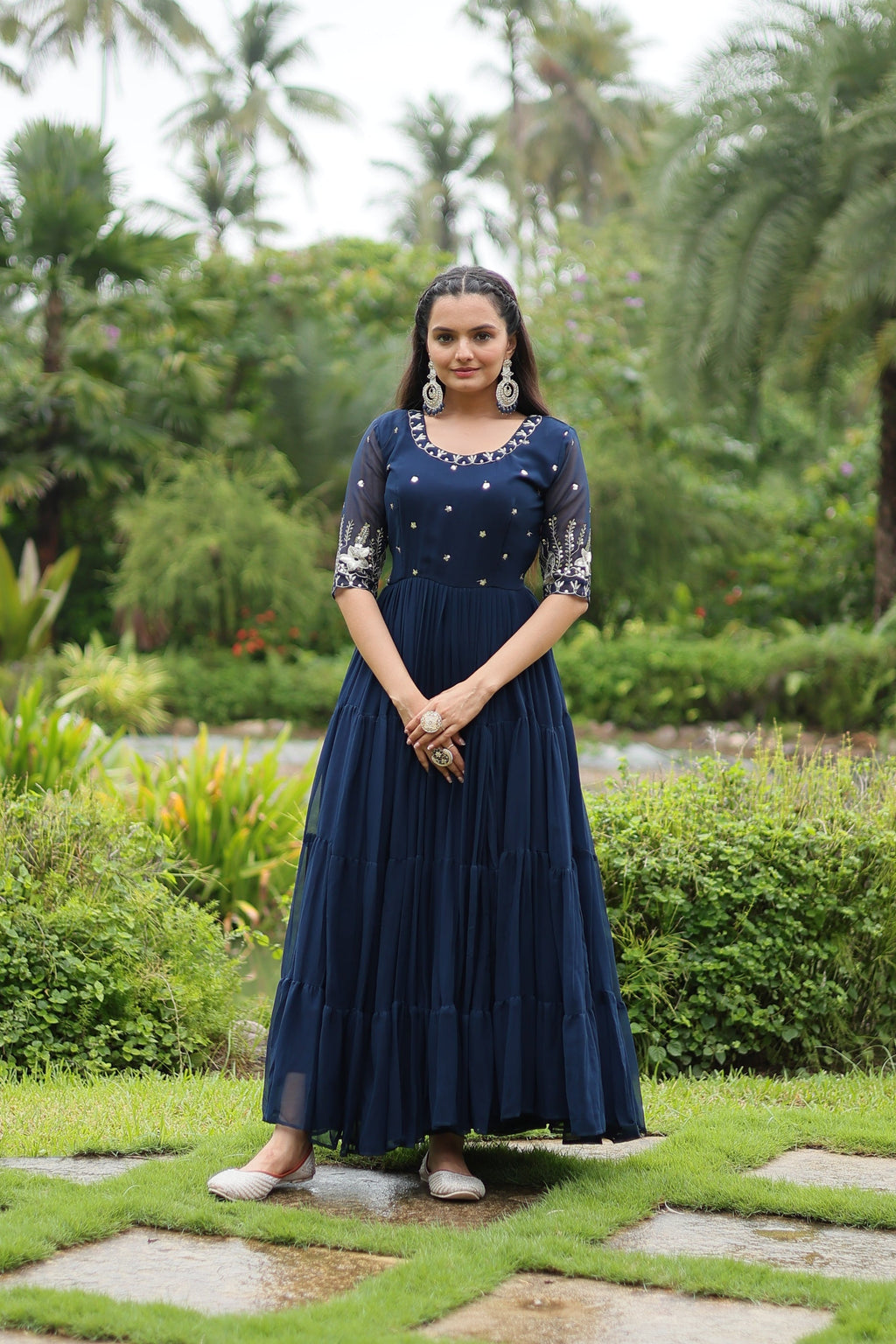 Sonakshi Women's Morpich Faux Blooming Sequins with Zari Embroidered Long Anarkali Dress | Grocsy