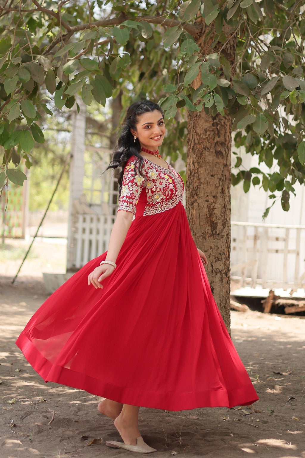 Sonakshi Women's Red Faux Blooming Sequins with Zari Embroidered Long Anarkali Dress | Grocsy