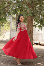 Sonakshi Women's Red Faux Blooming Sequins with Zari Embroidered Long Anarkali Dress | Grocsy