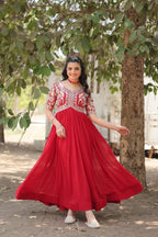 Sonakshi Women's Red Faux Blooming Sequins with Zari Embroidered Long Anarkali Dress | Grocsy