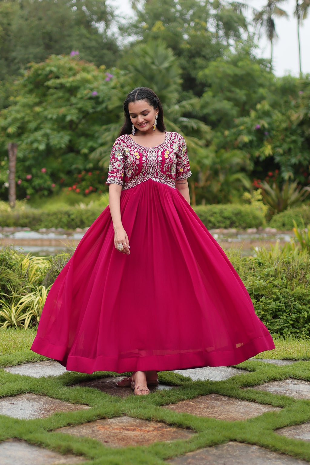 Sonakshi Women's Rani Pink Faux Blooming Sequins with Zari Embroidered Long Anarkali Dress | Grocsy