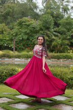 Sonakshi Women's Rani Pink Faux Blooming Sequins with Zari Embroidered Long Anarkali Dress | Grocsy