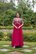 Sonakshi Women's Rani Pink Faux Blooming Sequins with Zari Embroidered Long Anarkali Dress | Grocsy