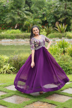Sonakshi Women's Purple Faux Blooming Sequins with Zari Embroidered Long Anarkali Dress | Grocsy