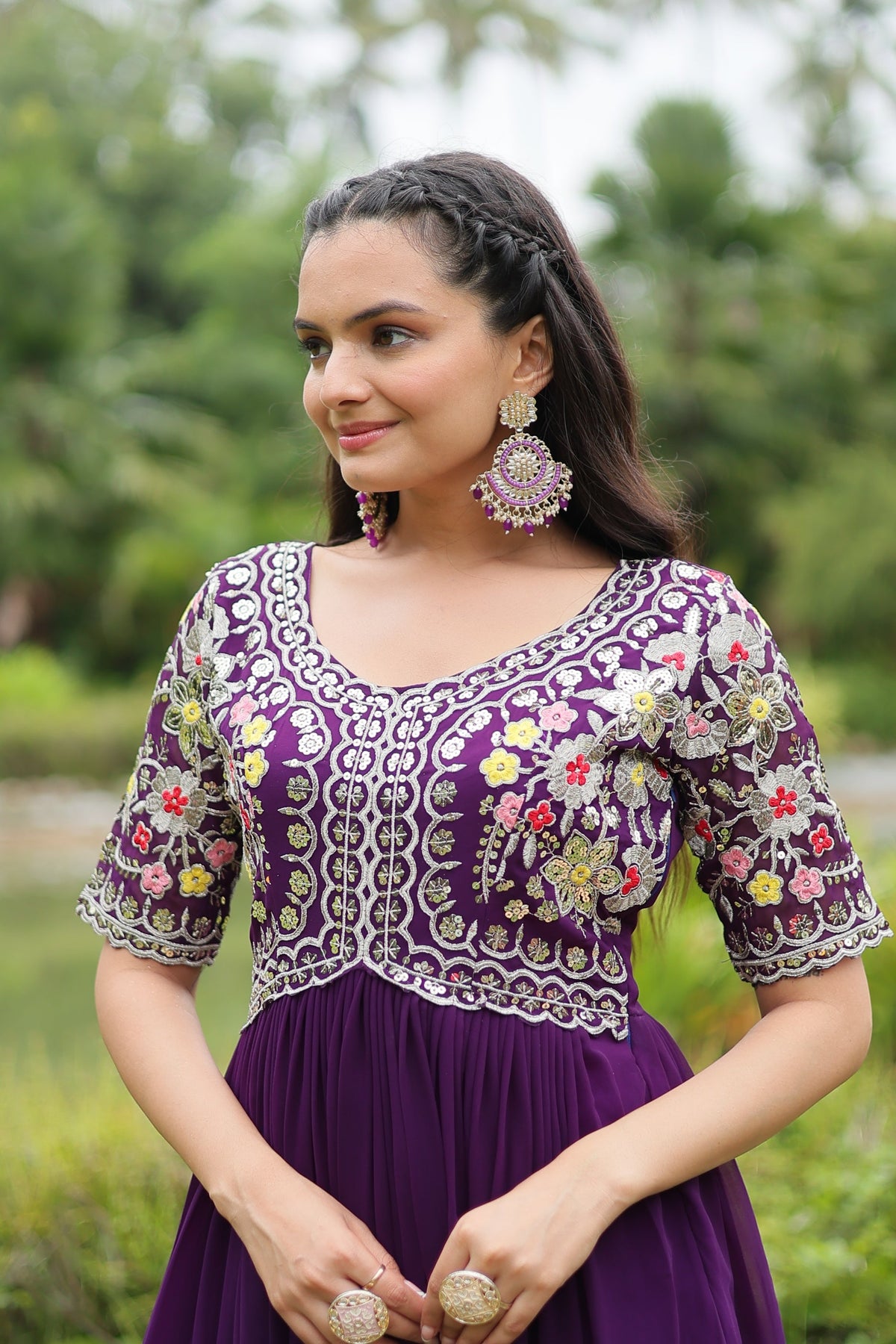 Sonakshi Women's Purple Faux Blooming Sequins with Zari Embroidered Long Anarkali Dress | Grocsy