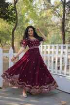 Sonakshi Women's Maroon Faux Blooming Sequins with Zari Embroidered Long Anarkali Dress | Grocsy