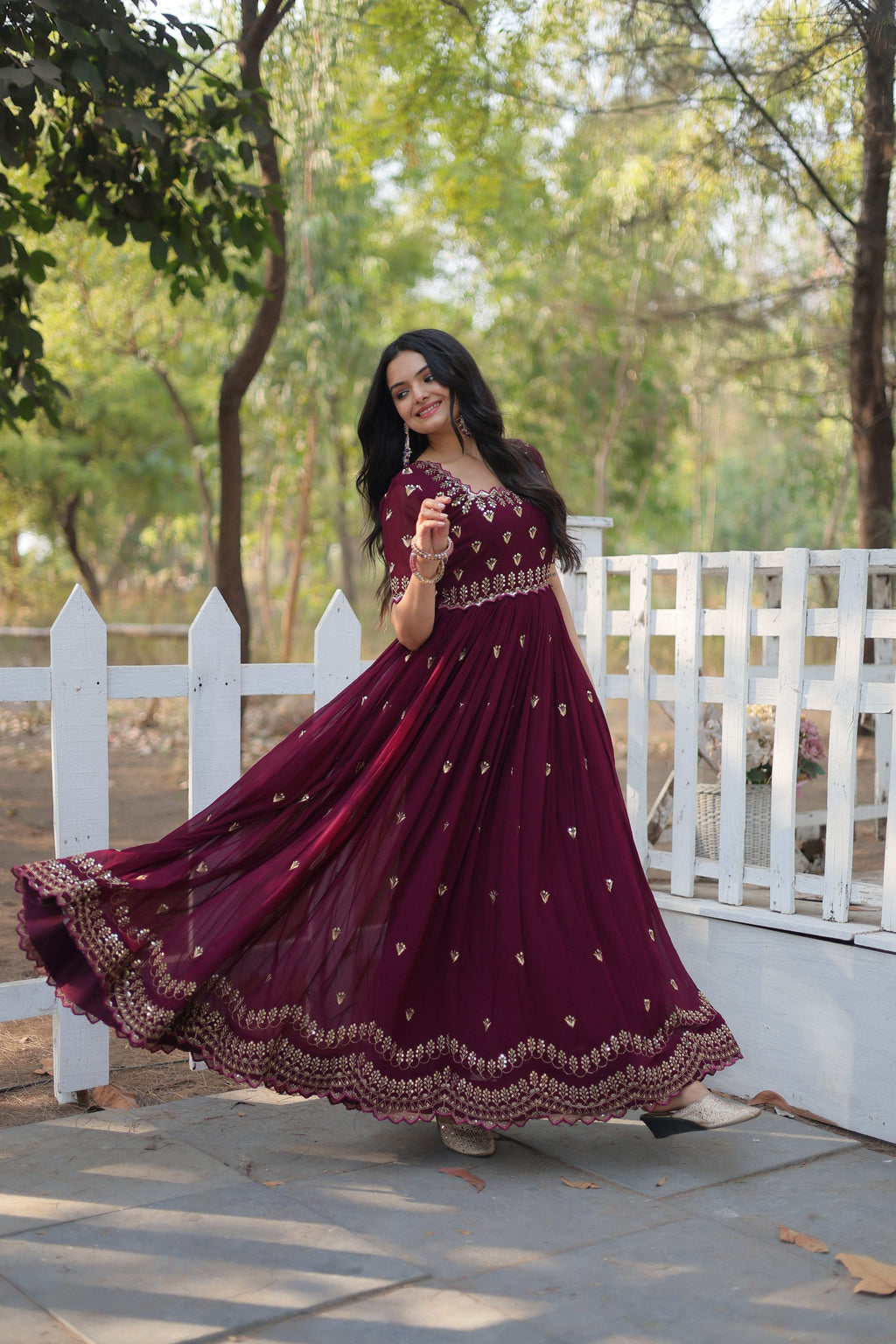 Sonakshi Women's Maroon Faux Blooming Sequins with Zari Embroidered Long Anarkali Dress | Grocsy