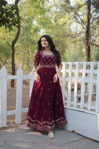Sonakshi Women's Maroon Faux Blooming Sequins with Zari Embroidered Long Anarkali Dress | Grocsy