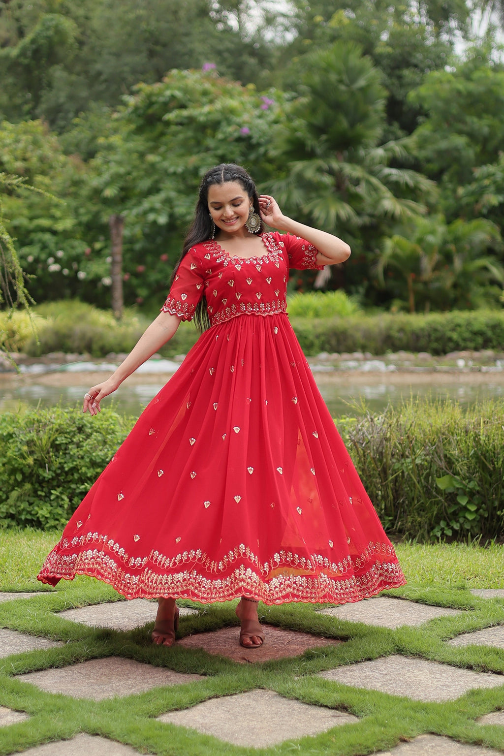 Sonakshi Women's Red Faux Blooming Sequins with Zari Embroidered Long Anarkali Dress | Grocsy
