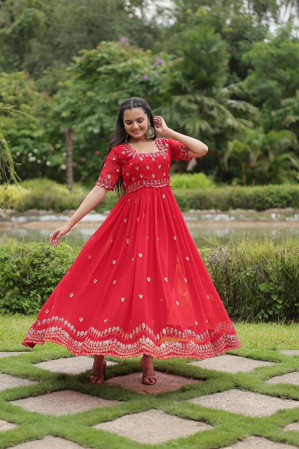 Sonakshi Women's Red Faux Blooming Sequins with Zari Embroidered Long Anarkali Dress | Grocsy