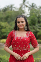 Sonakshi Women's Red Faux Blooming Sequins with Zari Embroidered Long Anarkali Dress | Grocsy