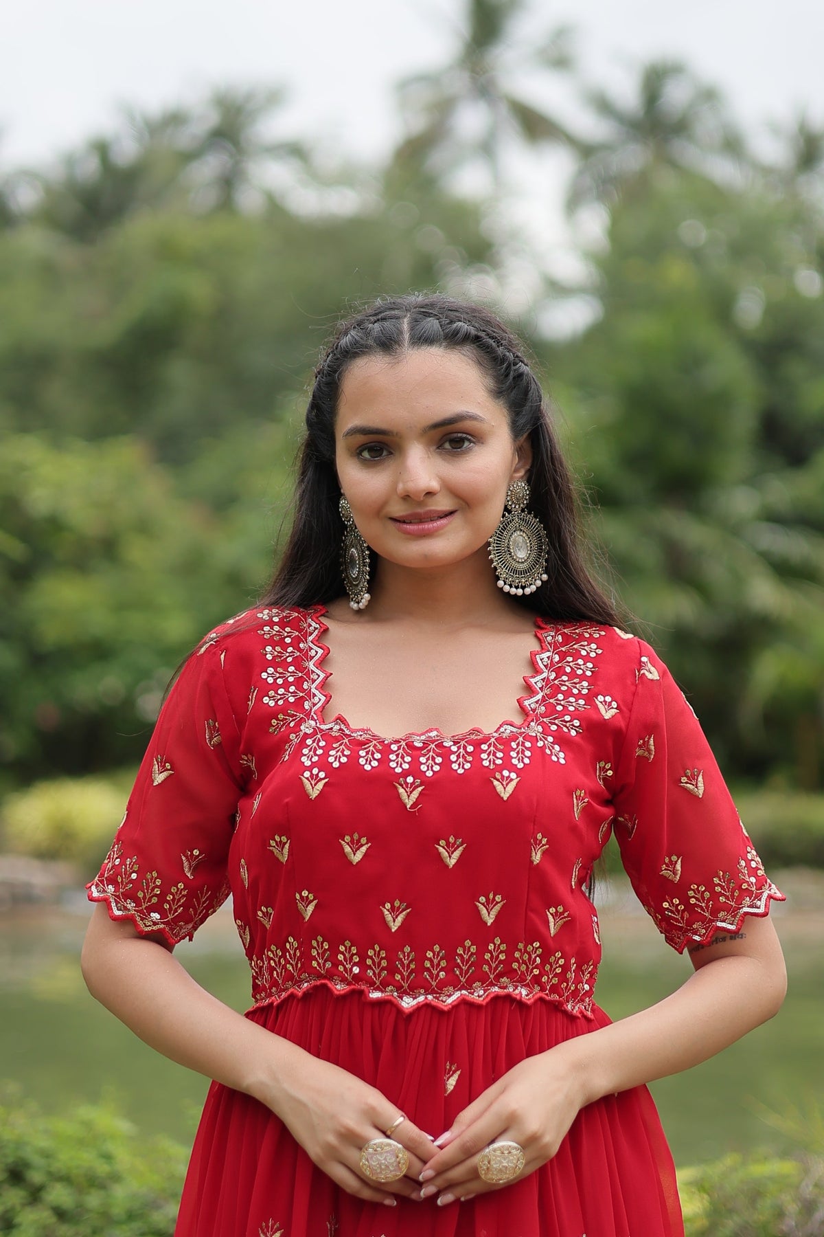 Sonakshi Women's Red Faux Blooming Sequins with Zari Embroidered Long Anarkali Dress | Grocsy