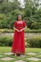 Sonakshi Women's Red Faux Blooming Sequins with Zari Embroidered Long Anarkali Dress | Grocsy