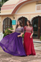 Sonakshi Women's Pink & Purple Faux Blooming Sequins Zari Embroidered Combo Anarkali Dress | Grocsy