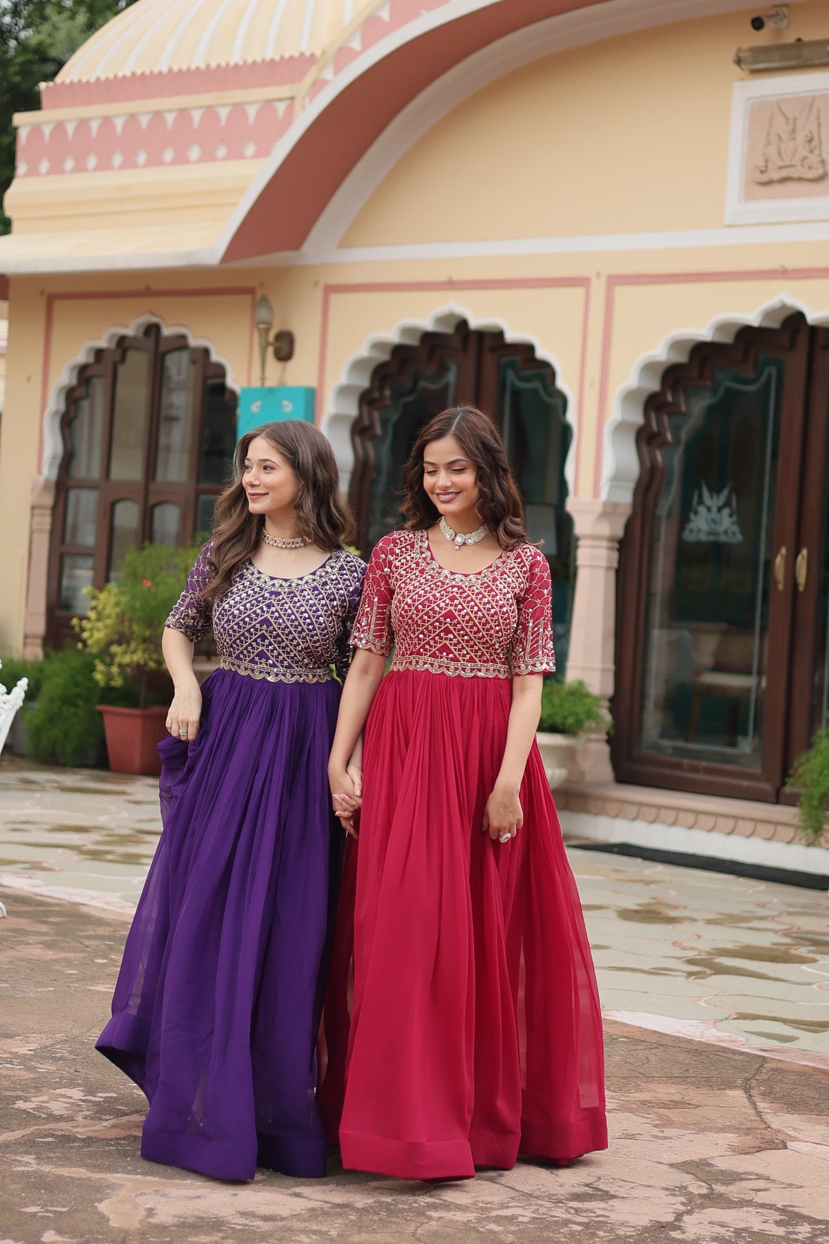 Sonakshi Women's Pink & Purple Faux Blooming Sequins Zari Embroidered Combo Anarkali Dress | Grocsy