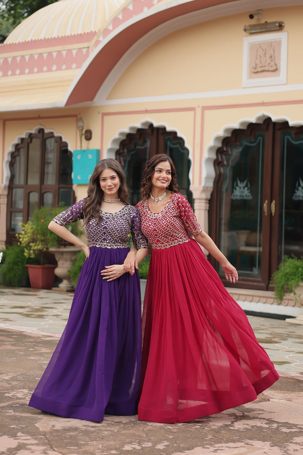 Sonakshi Women's Pink & Purple Faux Blooming Sequins Zari Embroidered Combo Anarkali Dress | Grocsy