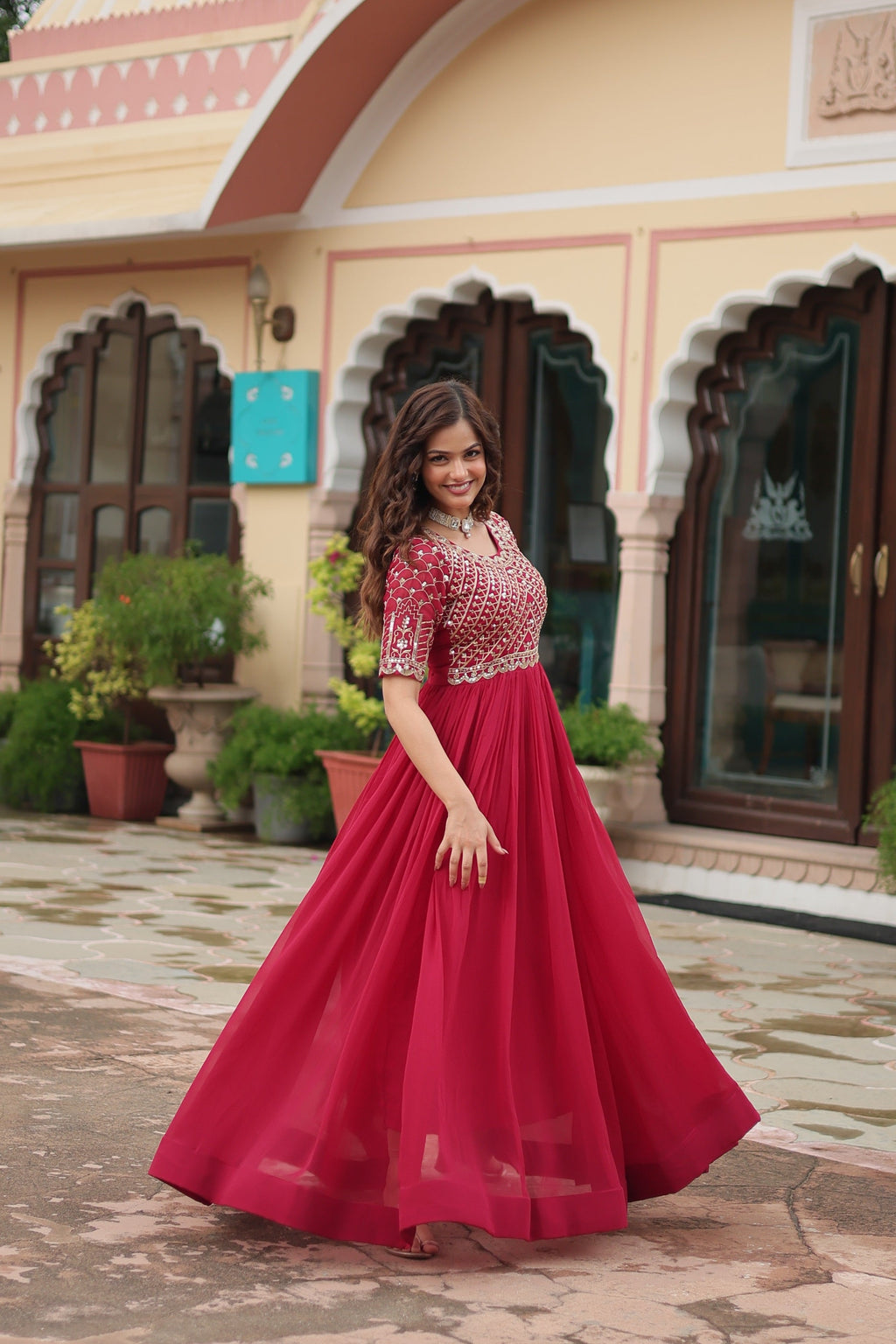 Sonakshi Women's Pink Faux Blooming Sequins Zari Embroidered Long Anarkali Dress | Grocsy