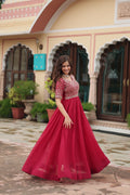 Sonakshi Women's Pink Faux Blooming Sequins Zari Embroidered Long Anarkali Dress | Grocsy