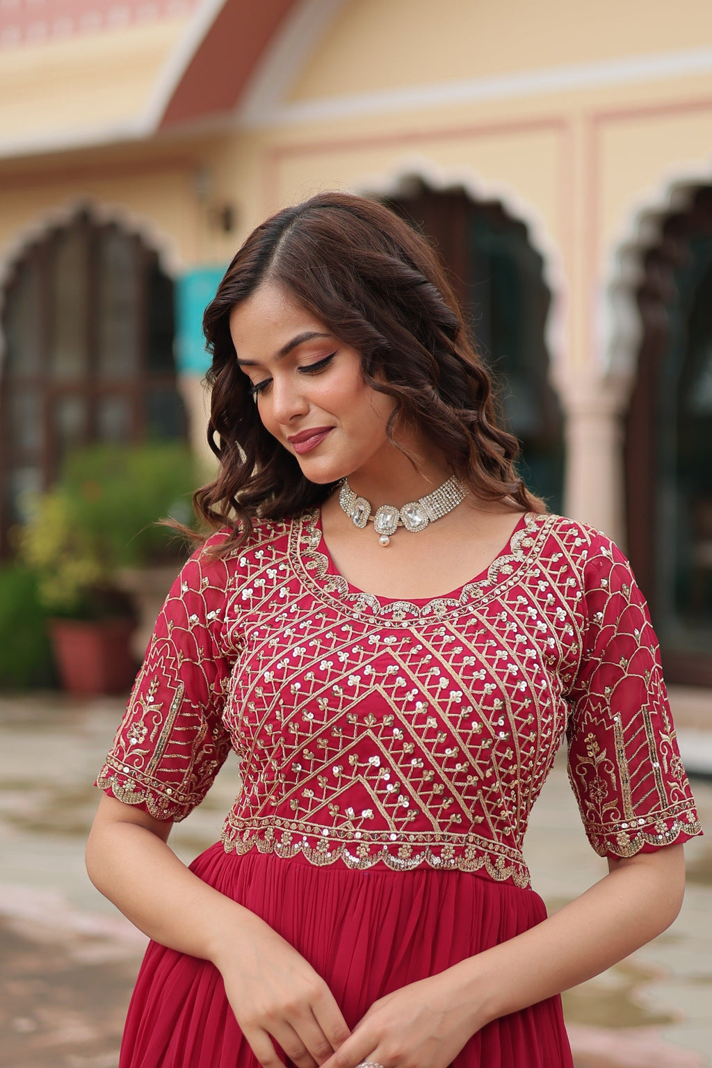 Sonakshi Women's Pink Faux Blooming Sequins Zari Embroidered Long Anarkali Dress | Grocsy