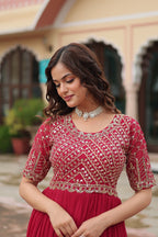 Sonakshi Women's Pink Faux Blooming Sequins Zari Embroidered Long Anarkali Dress | Grocsy