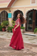 Sonakshi Women's Pink Faux Blooming Sequins Zari Embroidered Long Anarkali Dress | Grocsy