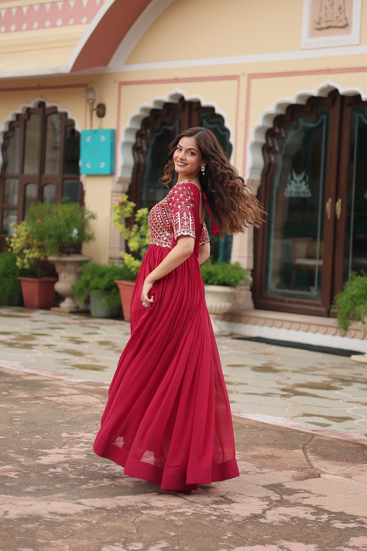 Sonakshi Women's Pink Faux Blooming Sequins Zari Embroidered Long Anarkali Dress | Grocsy