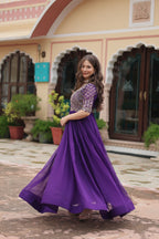 Sonakshi Women's Purple Faux Blooming Sequins Zari Embroidered Long Anarkali Dress | Grocsy