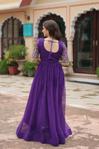 Sonakshi Women's Purple Faux Blooming Sequins Zari Embroidered Long Anarkali Dress | Grocsy