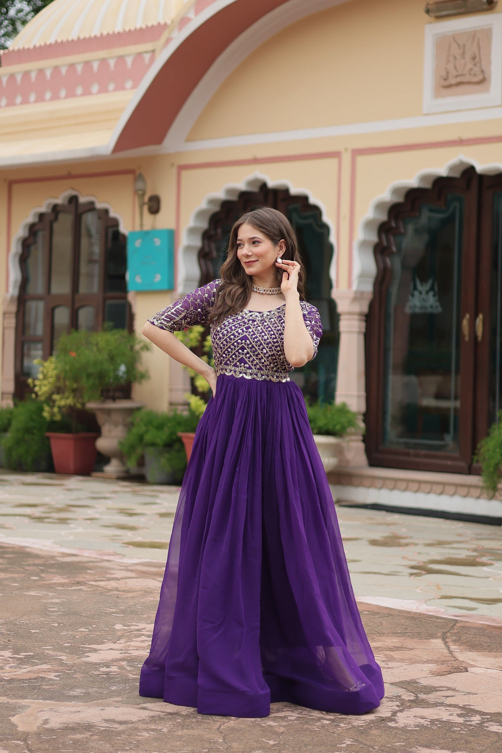 Sonakshi Women's Purple Faux Blooming Sequins Zari Embroidered Long Anarkali Dress | Grocsy