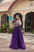 Sonakshi Women's Purple Faux Blooming Sequins Zari Embroidered Long Anarkali Dress | Grocsy