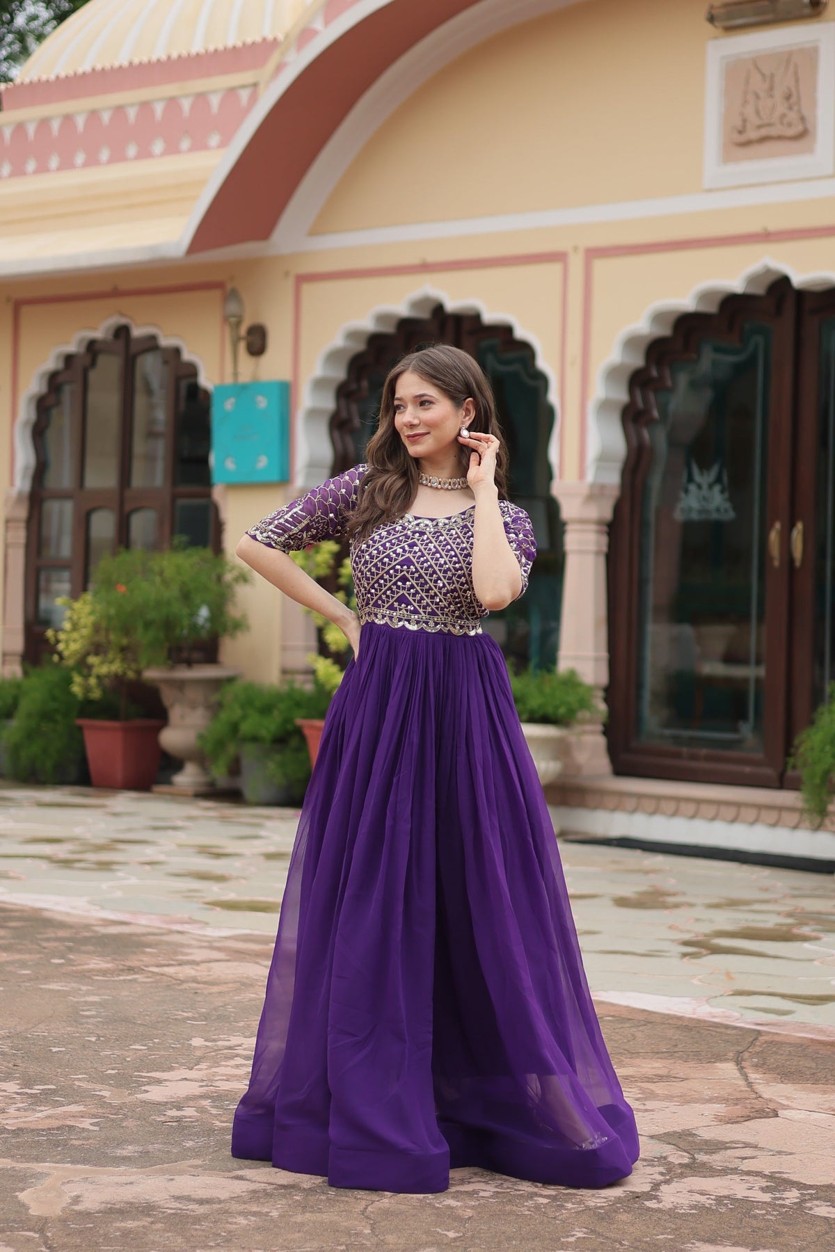 Sonakshi Women's Purple Faux Blooming Sequins Zari Embroidered Long Anarkali Dress | Grocsy