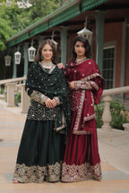 Sonakshi Women's Bottle Green & Maroon Rangoli Silk Sequins Thread Embroidered Combo Sharara Sets | Grocsy