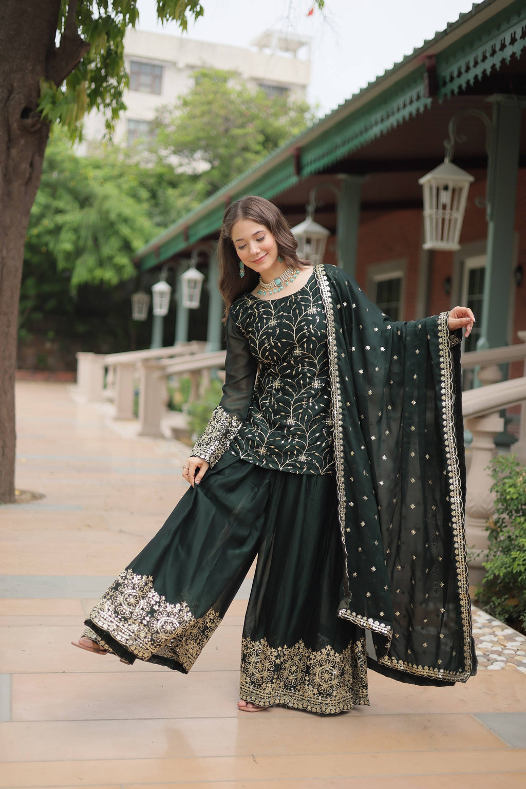 Sonakshi Women's Bottle Green Rangoli Silk Sequins Thread Embroidered Sharara Sets | Grocsy
