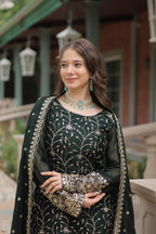 Sonakshi Women's Bottle Green Rangoli Silk Sequins Thread Embroidered Sharara Sets | Grocsy