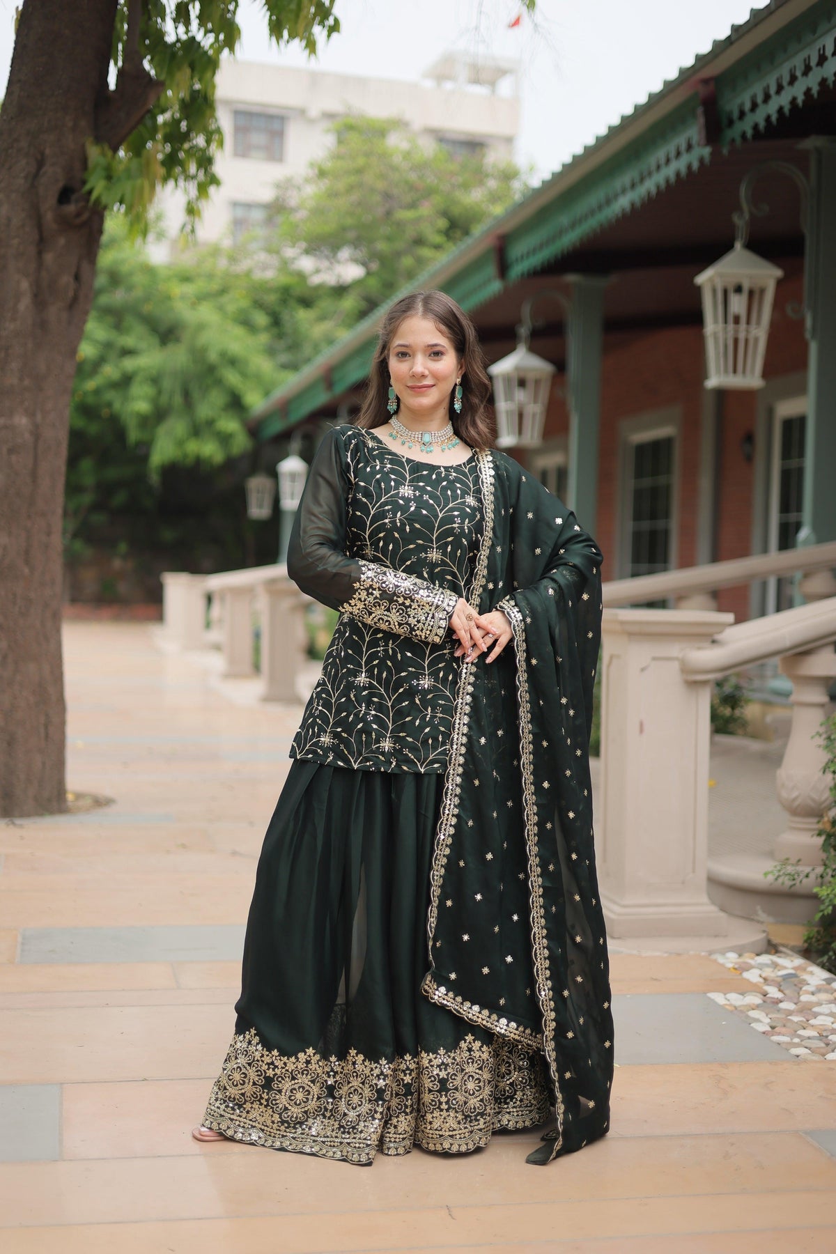 Sonakshi Women's Bottle Green Rangoli Silk Sequins Thread Embroidered Sharara Sets | Grocsy