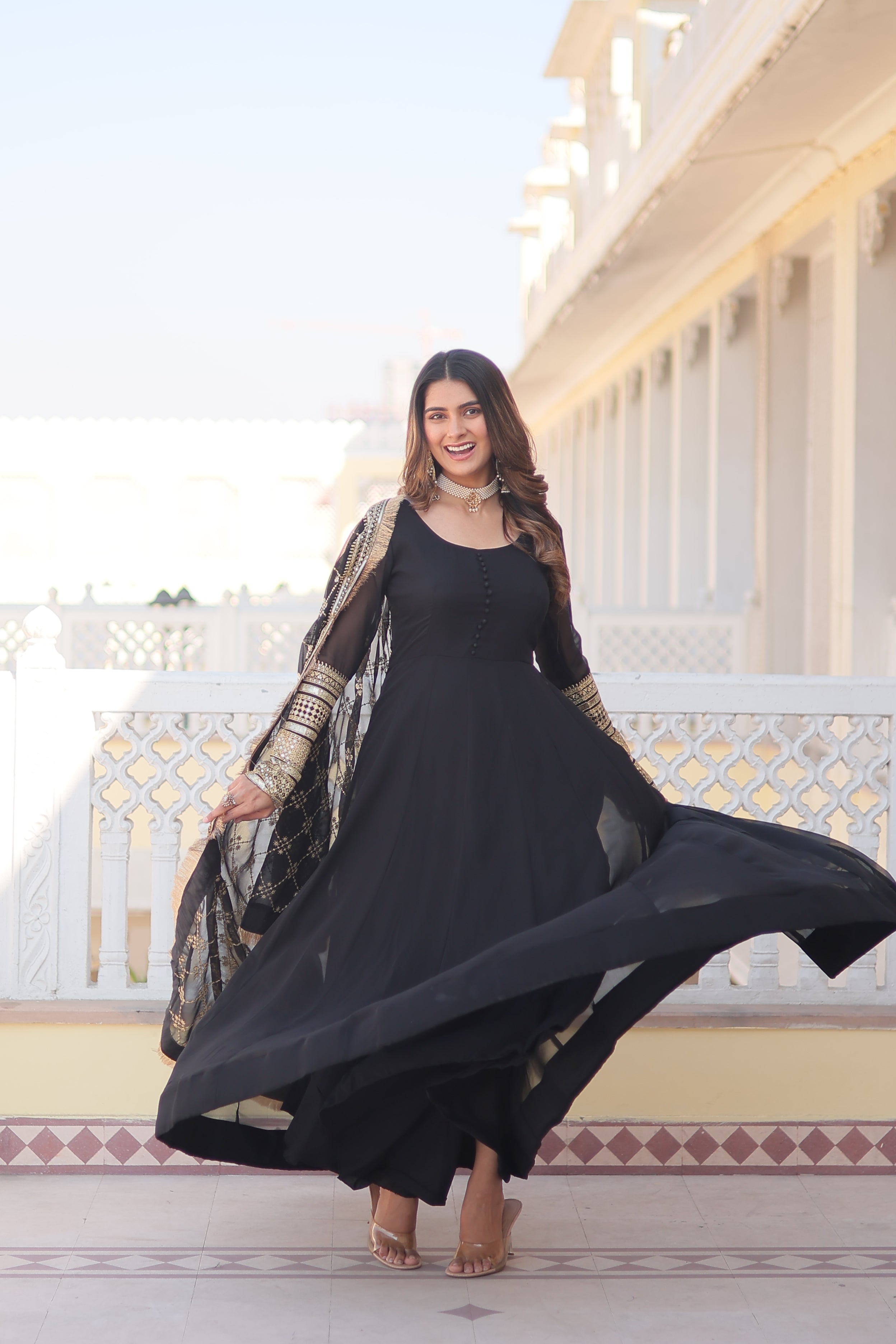 Sonakshi Women's Black Faux Blooming Sequins Embroidered Anarkali Dress with Dupatta | Grocsy