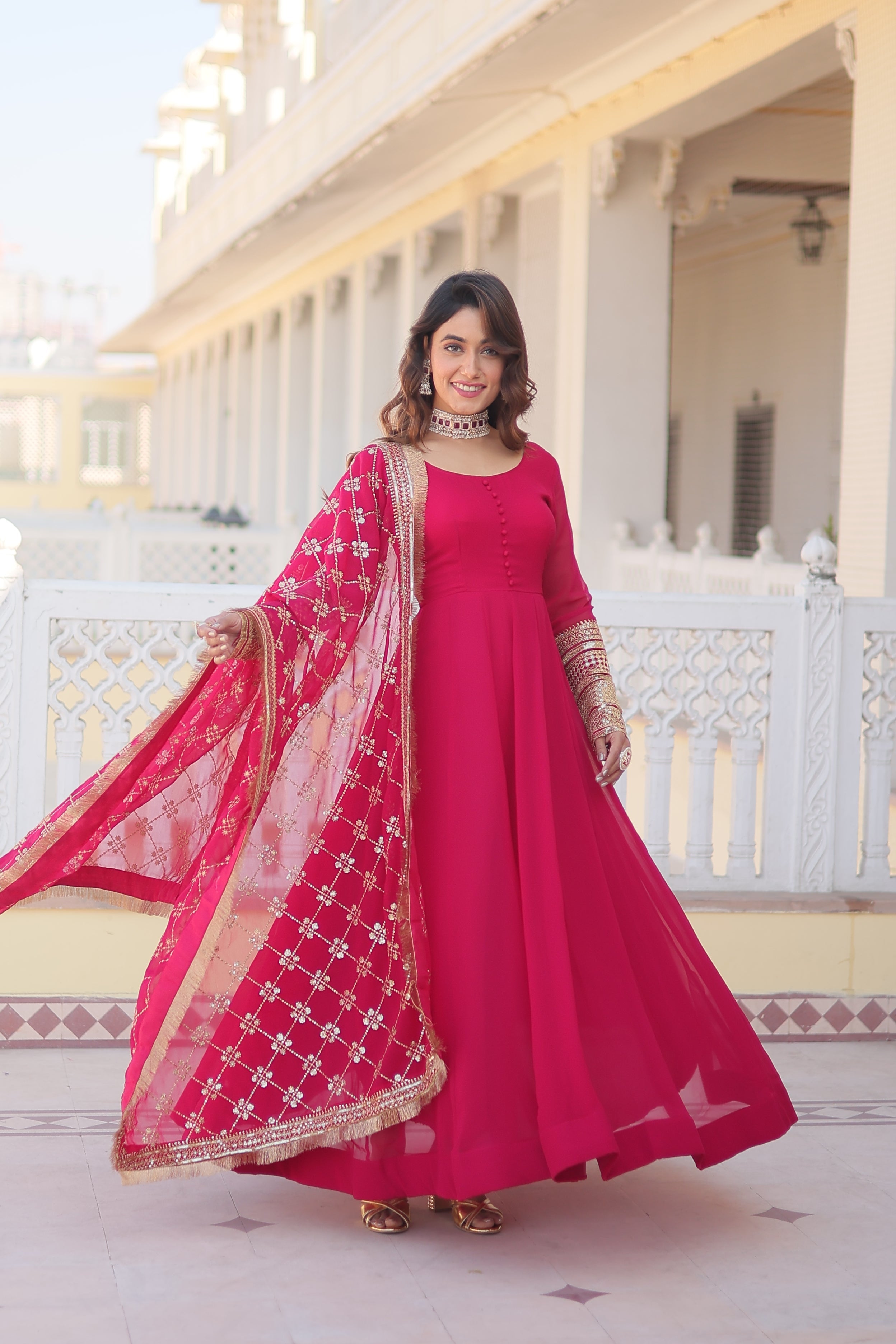 Sonakshi Women's Pink Faux Blooming Sequins Embroidered Anarkali Dress with Dupatta | Grocsy