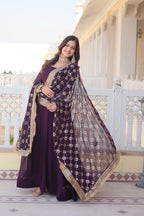 Sonakshi Women's Wine Faux Blooming Sequins Embroidered Anarkali Dress with Dupatta | Grocsy
