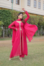Sonakshi Women's Pink Faux Blooming Embroidered Kurta Sets | Grocsy