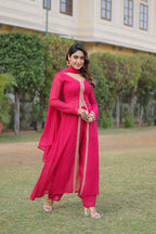 Sonakshi Women's Pink Faux Blooming Embroidered Kurta Sets | Grocsy