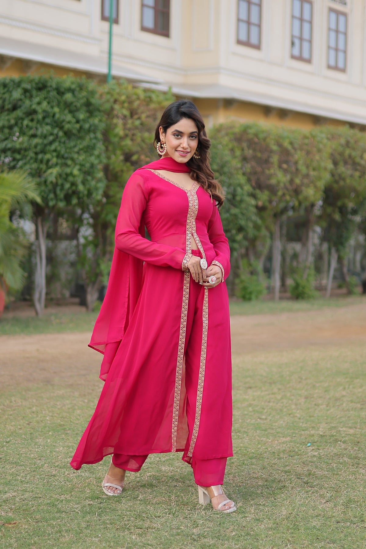 Sonakshi Women's Pink Faux Blooming Embroidered Kurta Sets | Grocsy