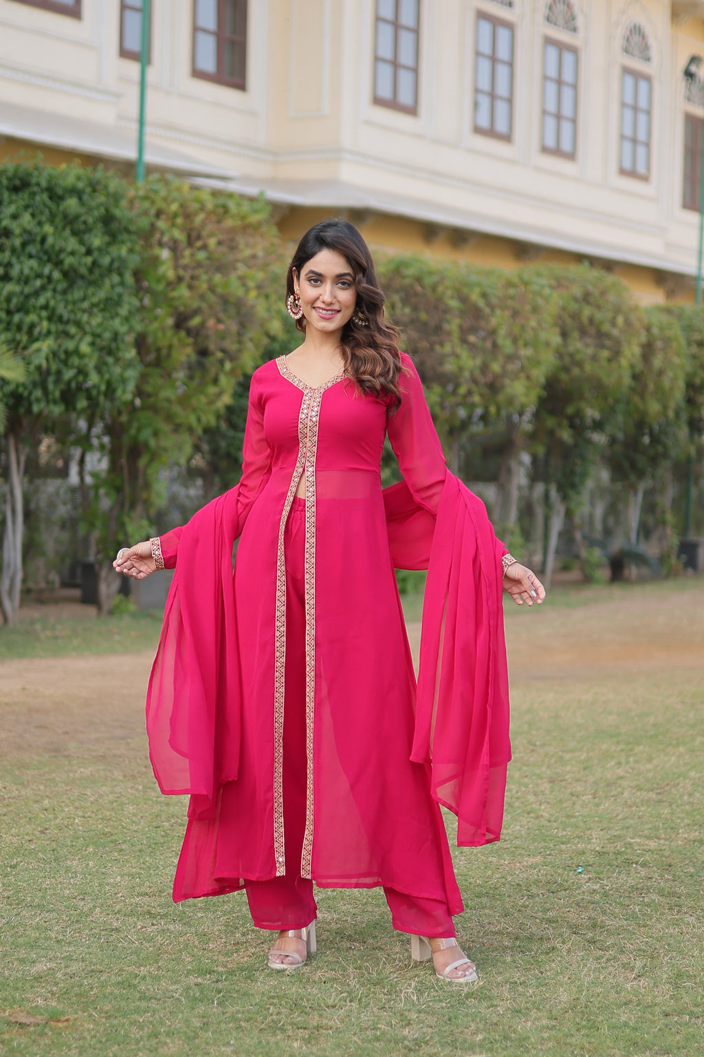 Sonakshi Women's Pink Faux Blooming Embroidered Kurta Sets | Grocsy