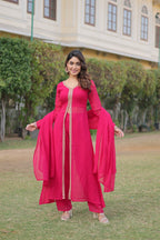 Sonakshi Women's Pink Faux Blooming Embroidered Kurta Sets | Grocsy
