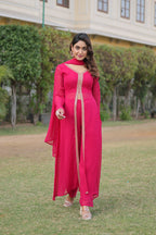 Sonakshi Women's Pink Faux Blooming Embroidered Kurta Sets | Grocsy