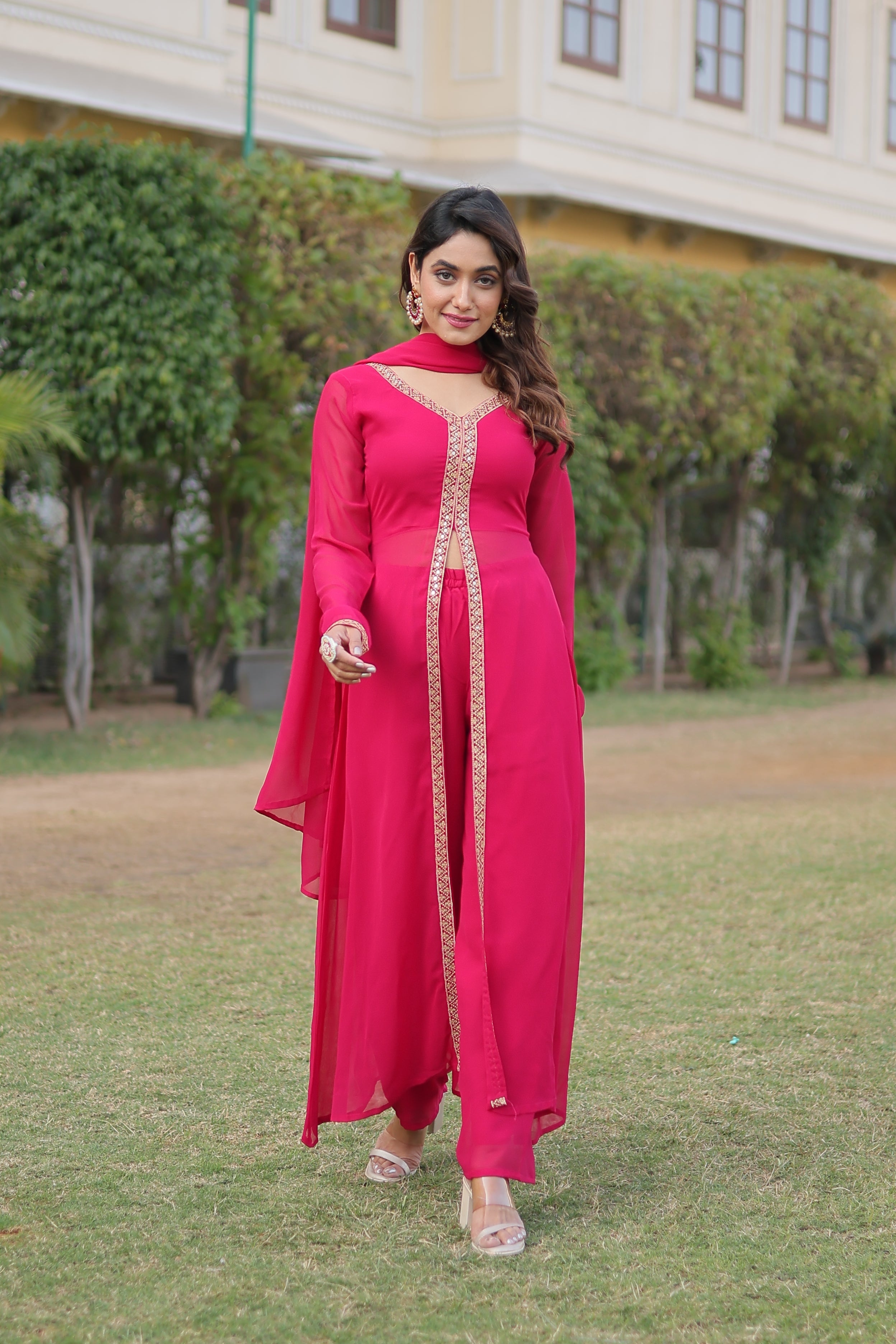 Sonakshi Women's Pink Faux Blooming Embroidered Kurta Sets | Grocsy